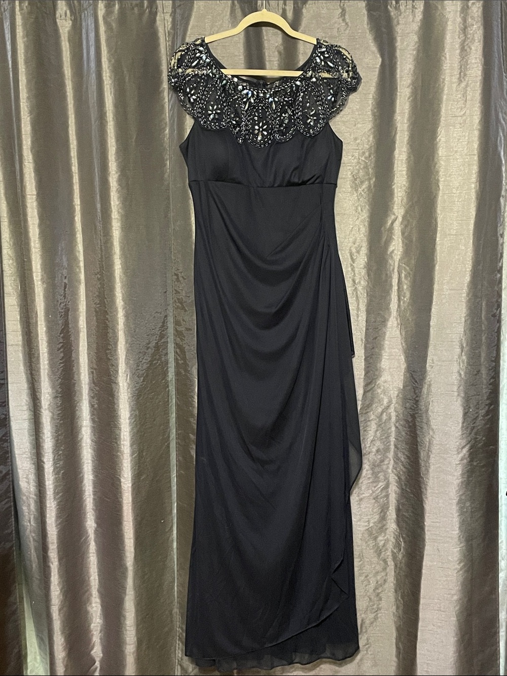 Xscape Navy Blue Beaded Cap-Sleeve Maxi Dress